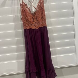Free People Lace Mini Dress in Rust and Plum